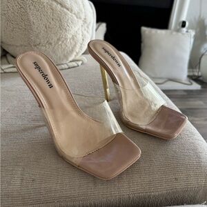 SUPER DOWN Nude and Clear Heeled Mules (revolve)